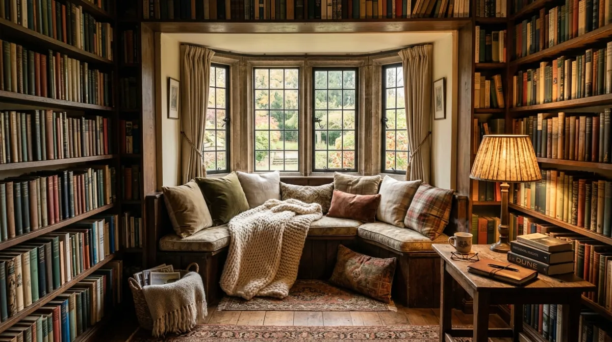 Cozy reading nook library with bay window seat, surrounding shelves, throws, and warm lamp glow.